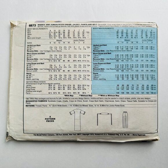 Vintage 1970s McCalls 6873 Misses Dress Jacket Pants Pattern Sz 10 UNCUT *READ*. - Picture 2 of 2